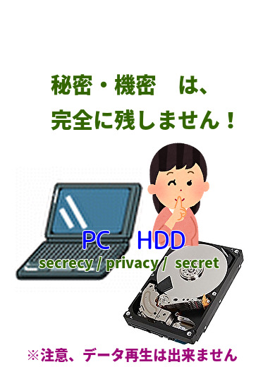 パソコン【新潟】ＨＤＤデータ消去 完全破壊 自社処理で安心。secrecy/privacy/secret